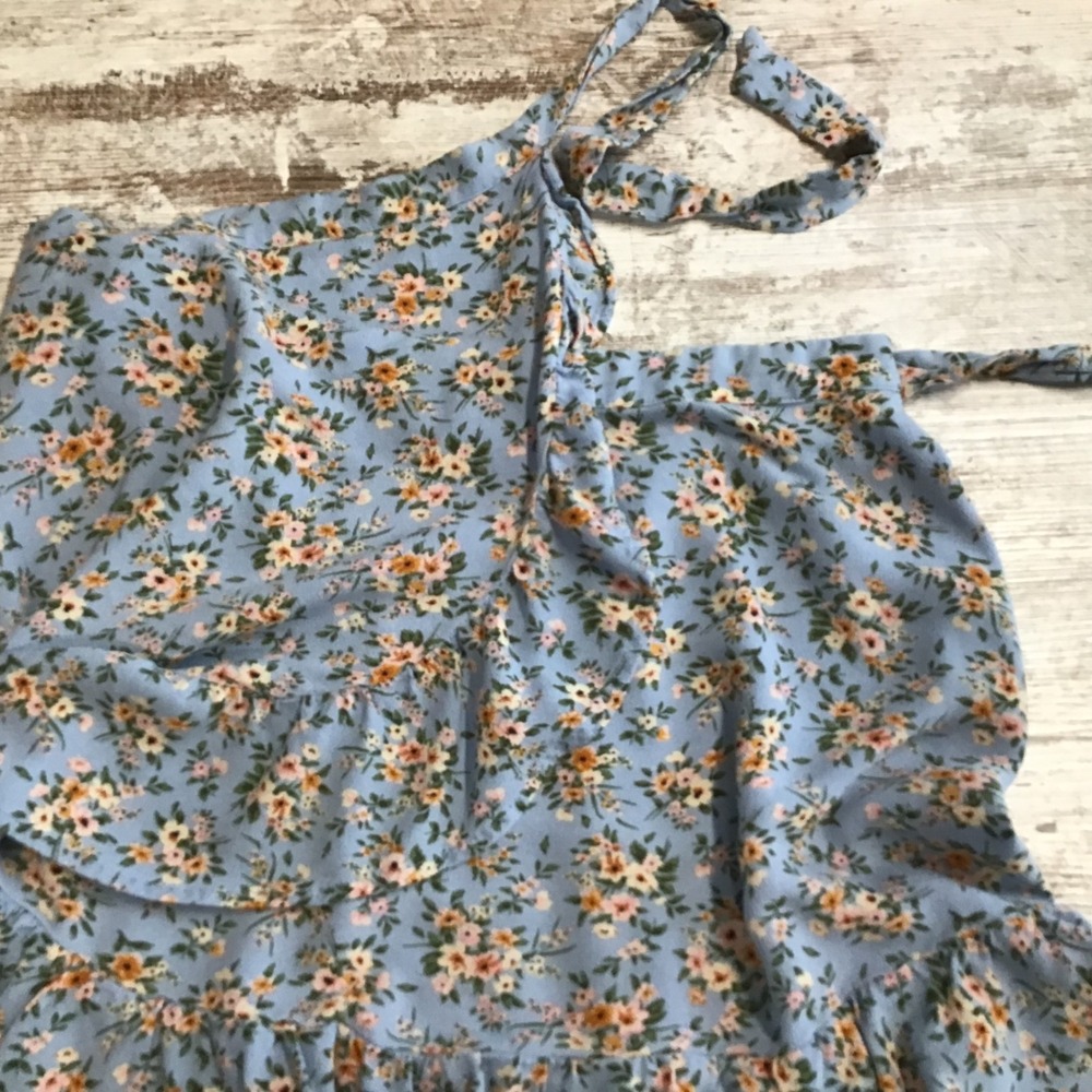 American Eagle Blue Floral Ruffle Mini Wrap Skirt Small Elastic Back Boho Summer - Picture 6 of 11
